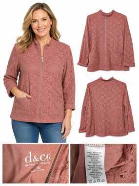 D&Co XL Dusty Rose Lace Zip Front Jacket Cardigan
